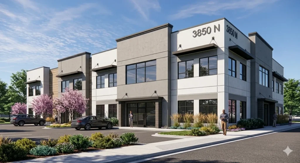 Modern industrial flex building with landscaping